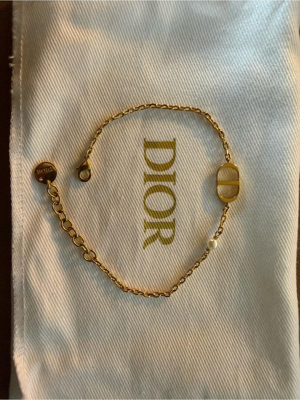 Dior Gold Chain Bracelet with CD Oval Link and Pearl Accent